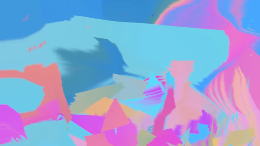 Distorted shapes in brilliant hues melt into the blank space.