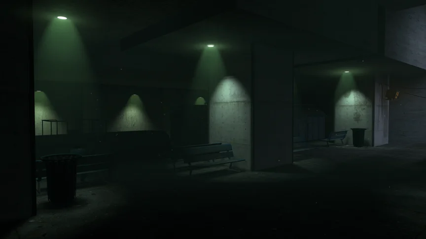 An atmospheric subway station with brutalist concrete pillars, engulfed into green light. A train is passing.