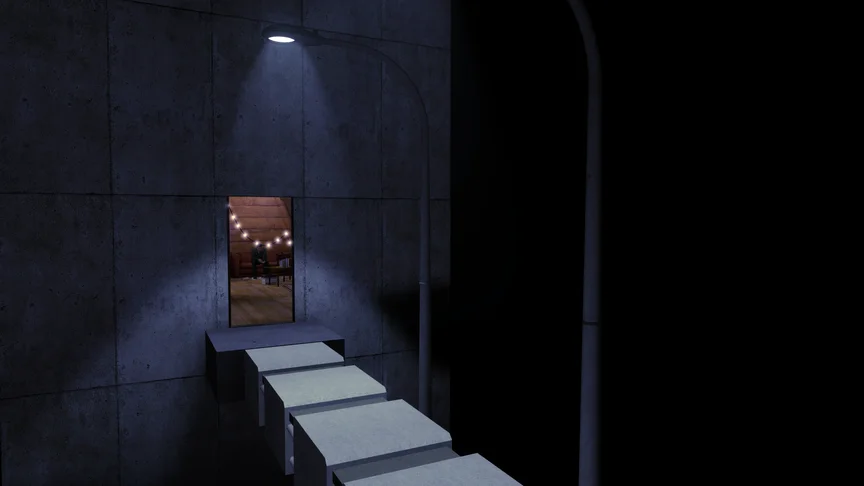 An unsafe bridge leading to a huge brutalist skyscraper. A door opens to a cozy apartment, a guy sitting on a couch.