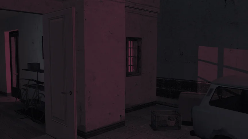 A surreal open entrance to a housing block. All lights are in an eerie off-red. A bicycle leans on the corridor inside.