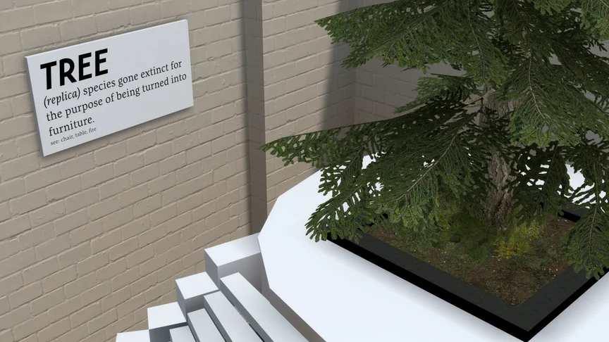 A replica of a tree at the top of a spiral staircase, described as an extinct species.