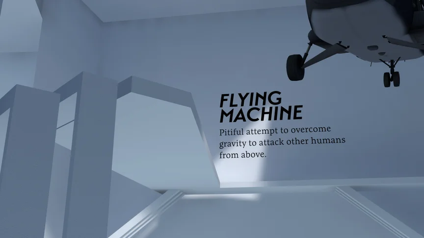 Surreal white architecture with a helicopter hanging from the ceiling, described as a pitiful attempt to overcome gravity.