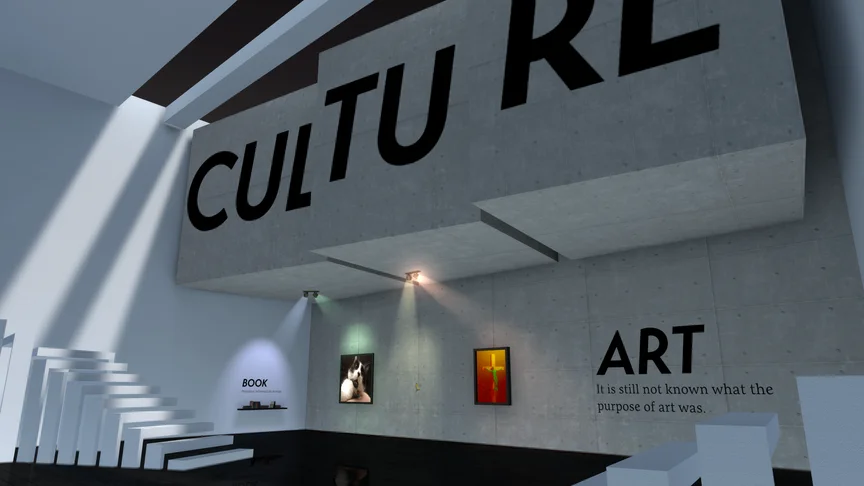 A big brutalist exhibit room titled CULTURE. Below are exhibits like a humanoid submerged in a blue liquid.