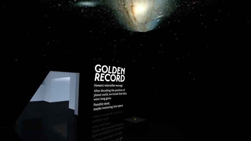A dark room with a glowing replica of the milky way on the ceiling. In the center is a golden disc.