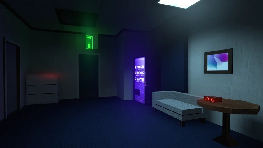 A cold moody office space, purple vending machine and a cryptic sign above the door. A red glow in a drawer.