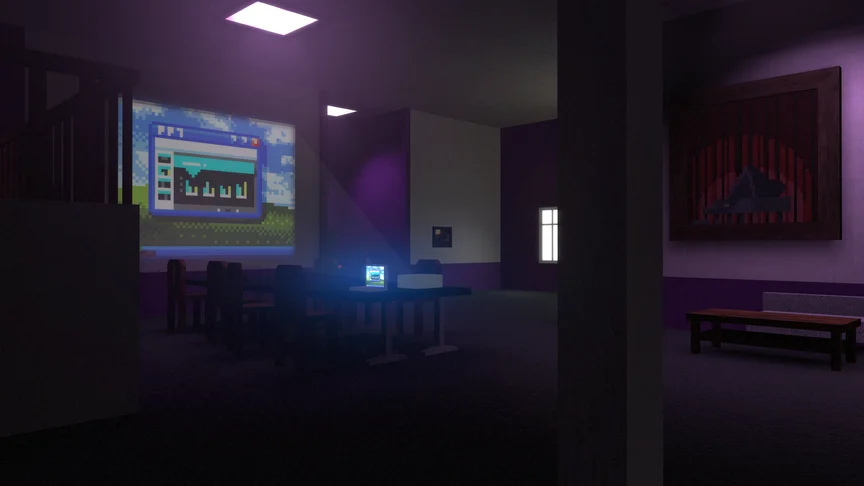 A large purple conference room with a projector casting a presentation onto the wall.