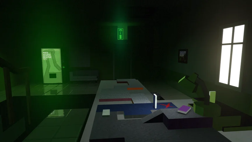 An office with an miniature of building on a table. The floor reflects the glowing green vending machine.