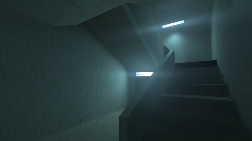 An emergency stairwell with biting-cold lights casting big flares.