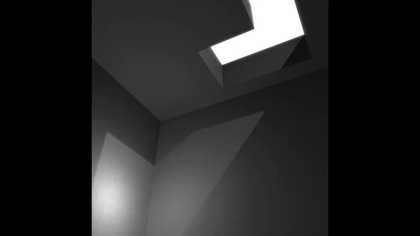 A minimalist concrete shaped room with harsh lighting.