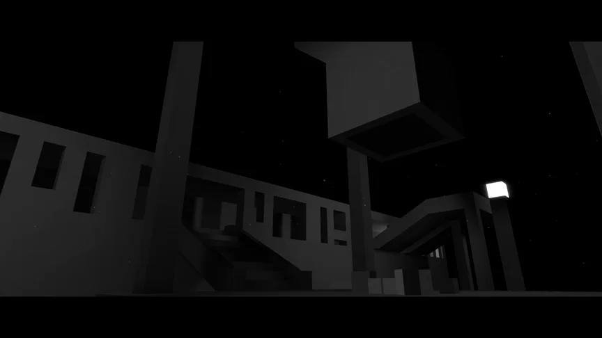 A wide open courtyard in simple brutalist shapes, a square-pipe leads down and has a bit debris sprinkled below.