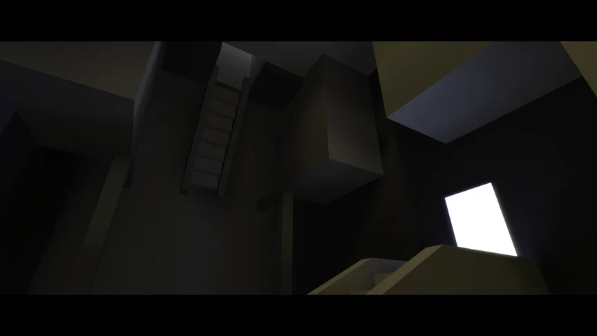 A room flipped on the side, framed with huge concrete blocks, with staircases leading up to the ceiling.