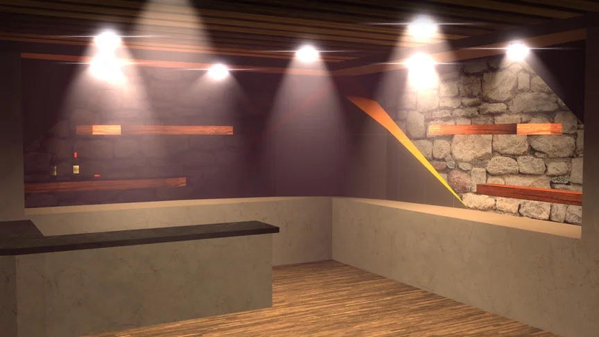 A fancy modern lit bar in red light, with wine on the shelf and a counter.