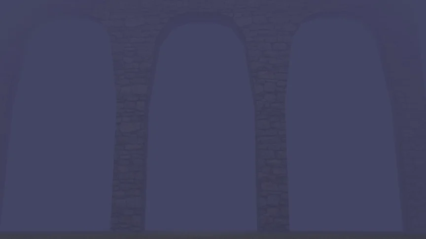 Three doorframes in front of a blue-grey void.