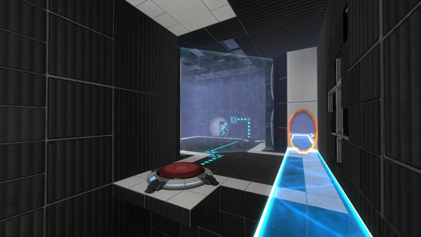 A hard light bridge over a pit. A button leads a wire to the exit door. Some tiles are missing in the clean metal wall.