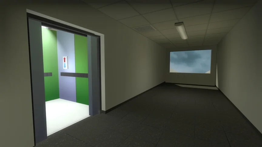 A hallways opening up to an elevator with a choice: up or down?